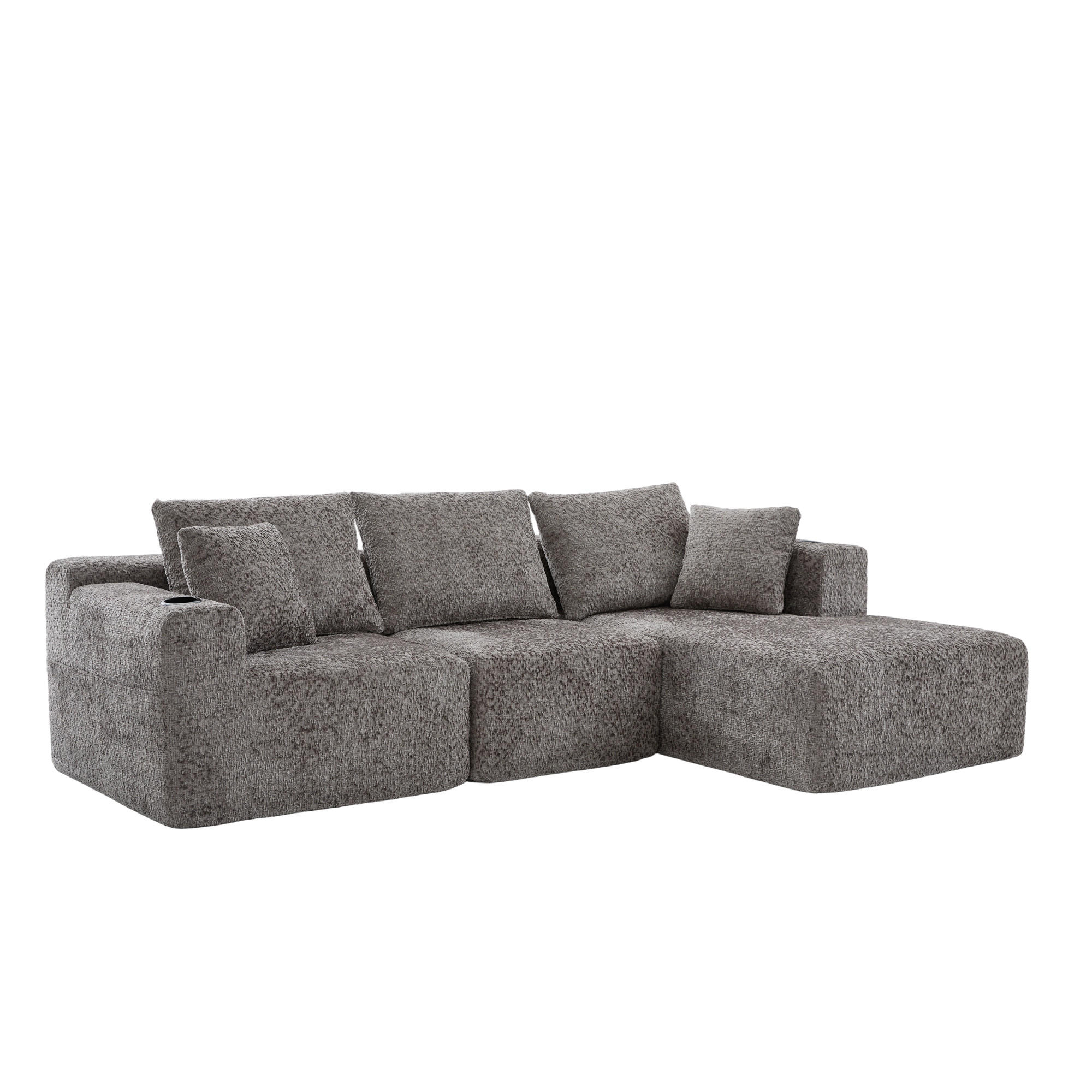 ECKSOFA Chenille Dunkelgrau mit Getränkehaltern und Seitentaschen - Dunkelgrau, Textil (261/164cm) - WISHDOR