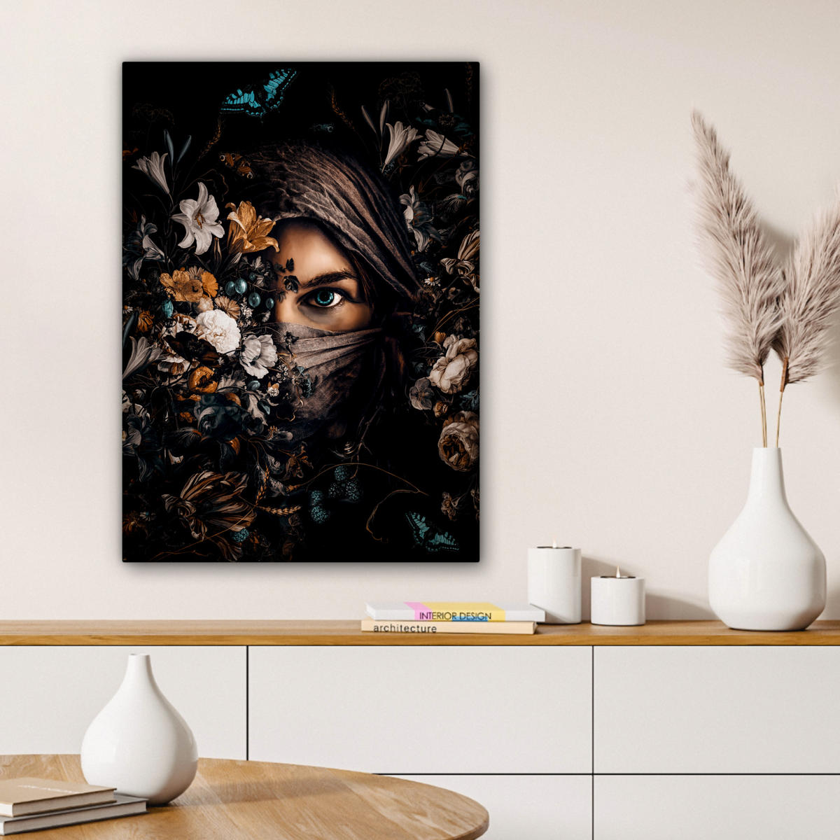 LEINWANDBILD Frau - Luxus - Blumen - Schmetterling - Porträt 60x80 cm - Schwarz, Textil (60/80cm) - MuchoWow