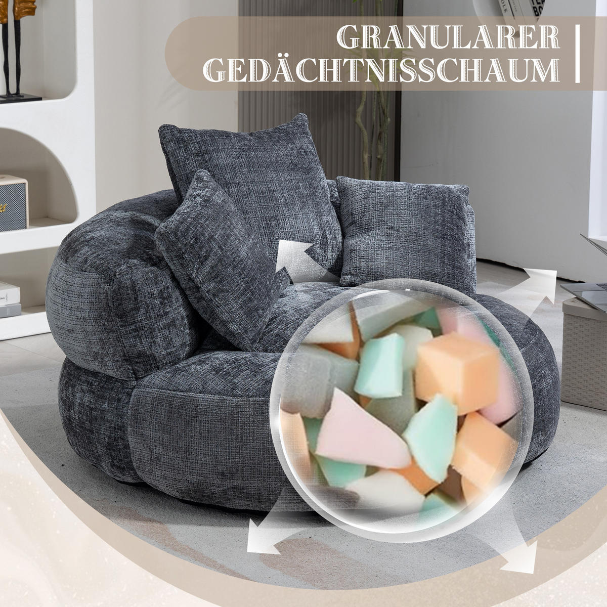 SITZSACK in Chenille mit 3 Kissen - Dunkelgrau, Textil (108/52/108cm) - Urban Meuble