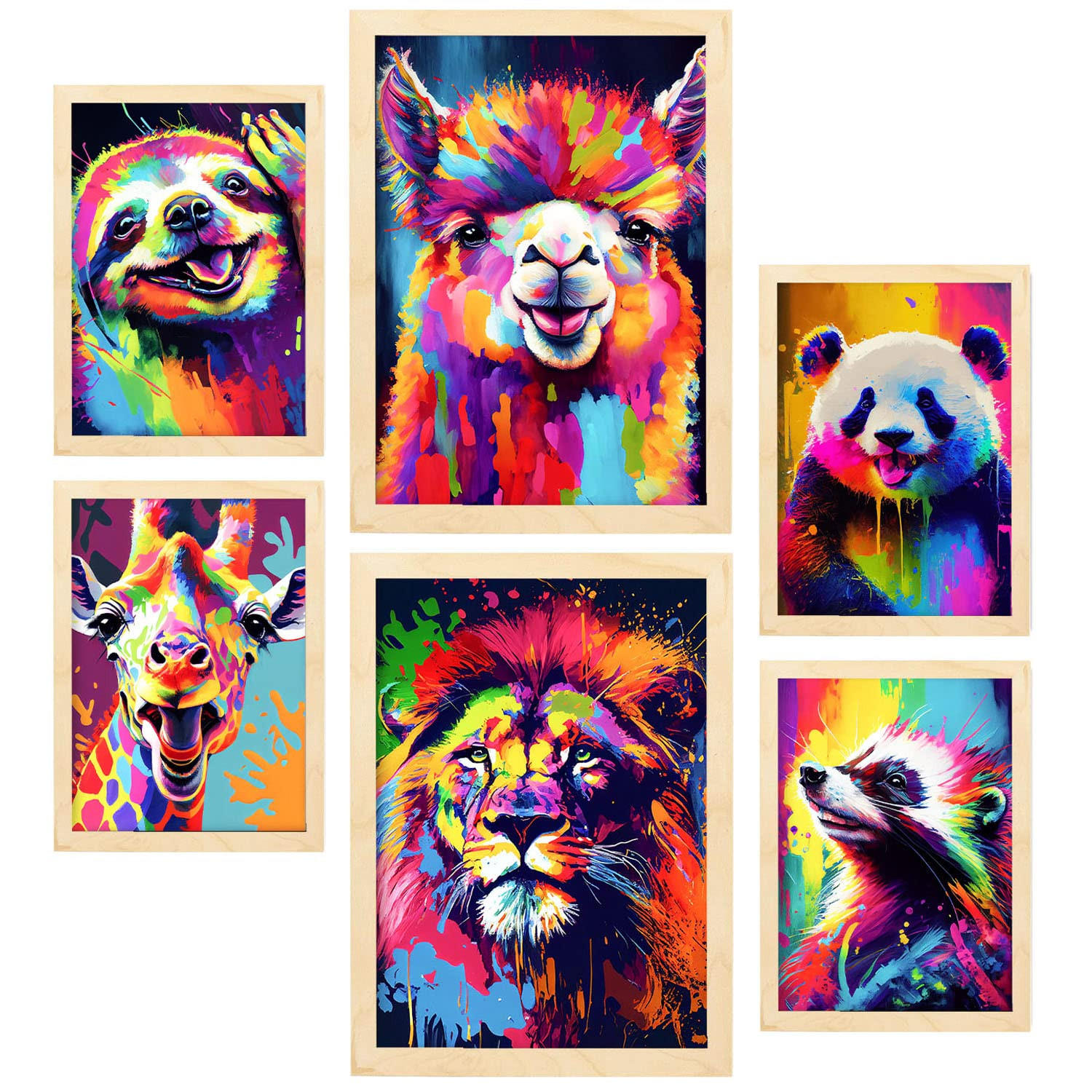 POSTER Set Mit 6 Dumme Tiere Im Hochformat Lebhafte Aquarell Stil Illustrationen Von Lächelnde Tiere Innenarchitektur A3 & A4 Rahmen Aus Hellem Holz - Beige, Papier (29/3cm) - Nacnic