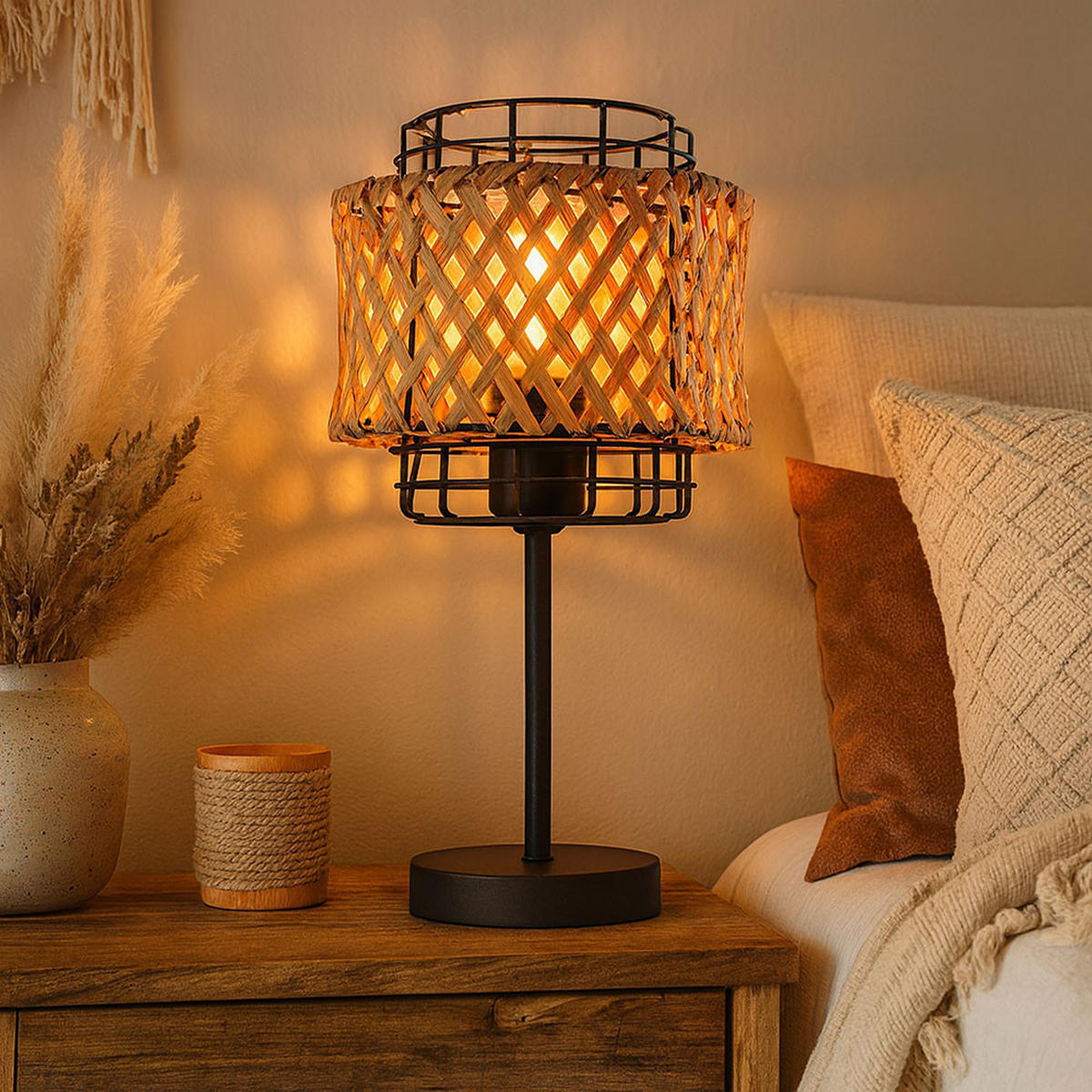 LED TISCHLEUCHTE Bambusgeflecht Braun - Braun, Holz (17/17/32cm) - Globo Lighting