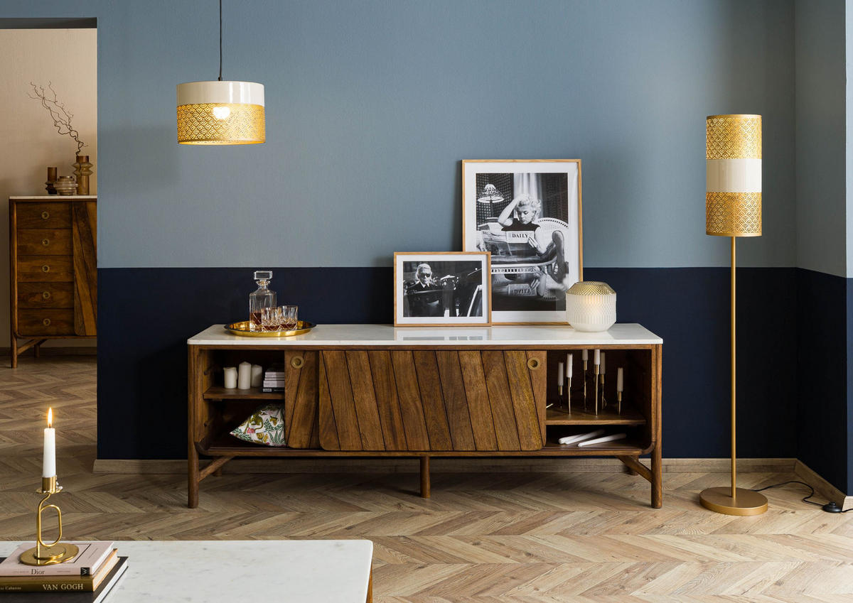 SIDEBOARD Mango 185x45x65 braun geölt / echter Marmor LOS ANGELES #07 - Braun, Holz (185/65/45cm) - Massivmoebel24