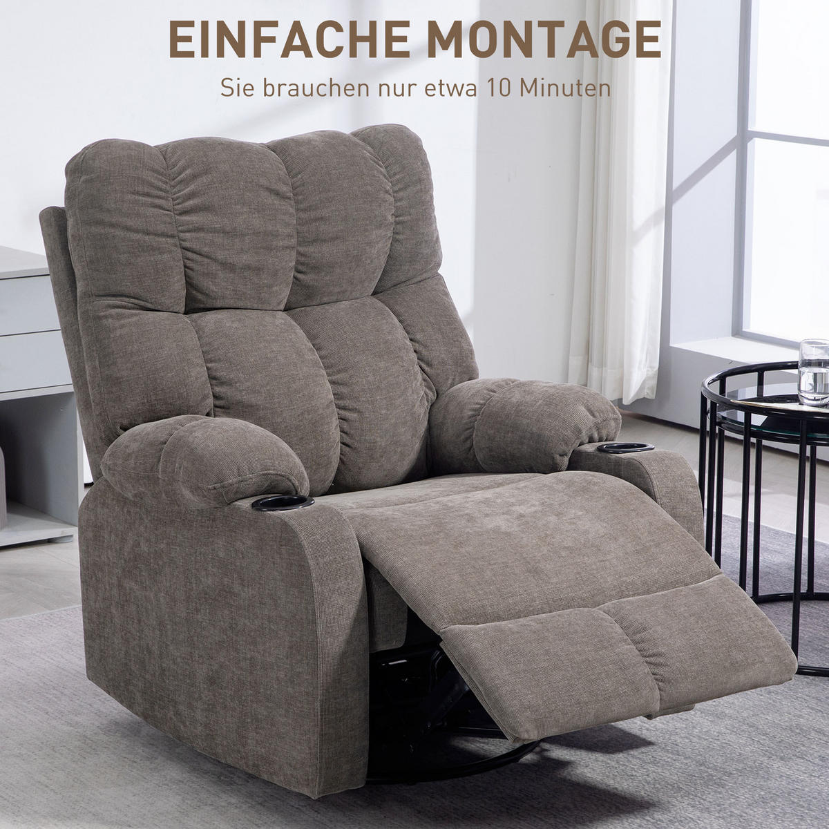 RELAXSESSEL Drehbar Fernsehsessel mit Liegefunktion, Schaukelfunktion Hellbraun - Hellbraun/Schwarz, Textil (96/108/88cm) - HOMCOM