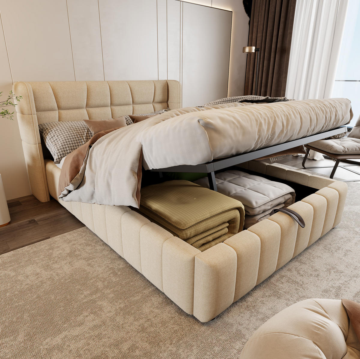 POLSTERBETT 140/200 cm aus Stoff mit Stauraum und gepolstertem Kopfteil Beige - Beige, Textil (140/200cm) - Modenvie
