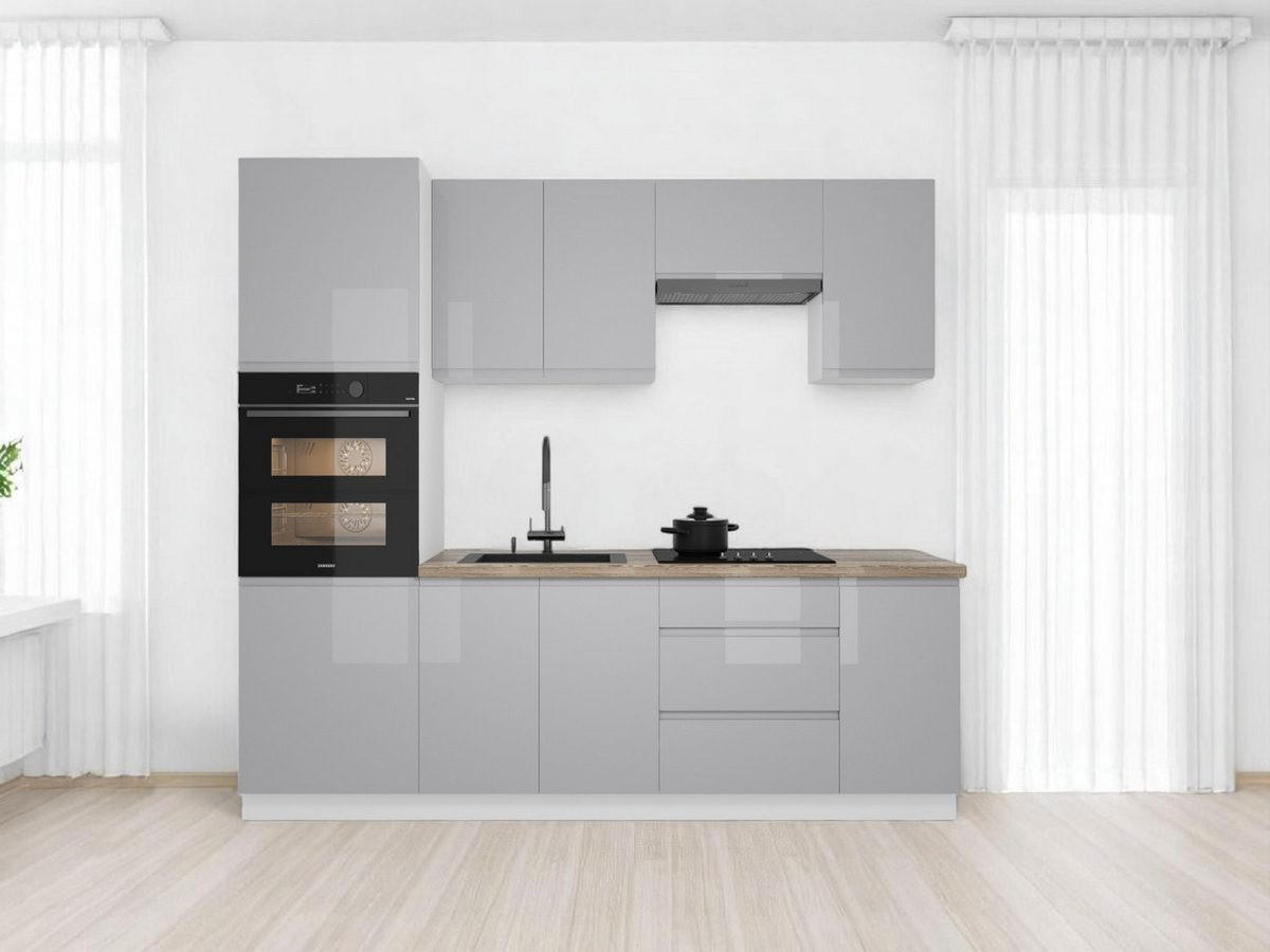 KÜCHENZEILE 240 cm Aspen K101-M240 in Grau/Hochglanz - Grau, Holz (240/212/60cm)
