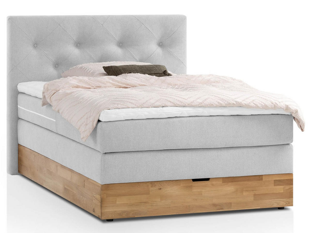 BOXSPRINGBETT MARBO 140x200 Weissgrau H2 und H3 mit Bettkasten 7-Zonen Taschenfederkern Matratze inkl. Visco Topper und Eiche - Weiß, Textil (140/200cm) - Belanoti