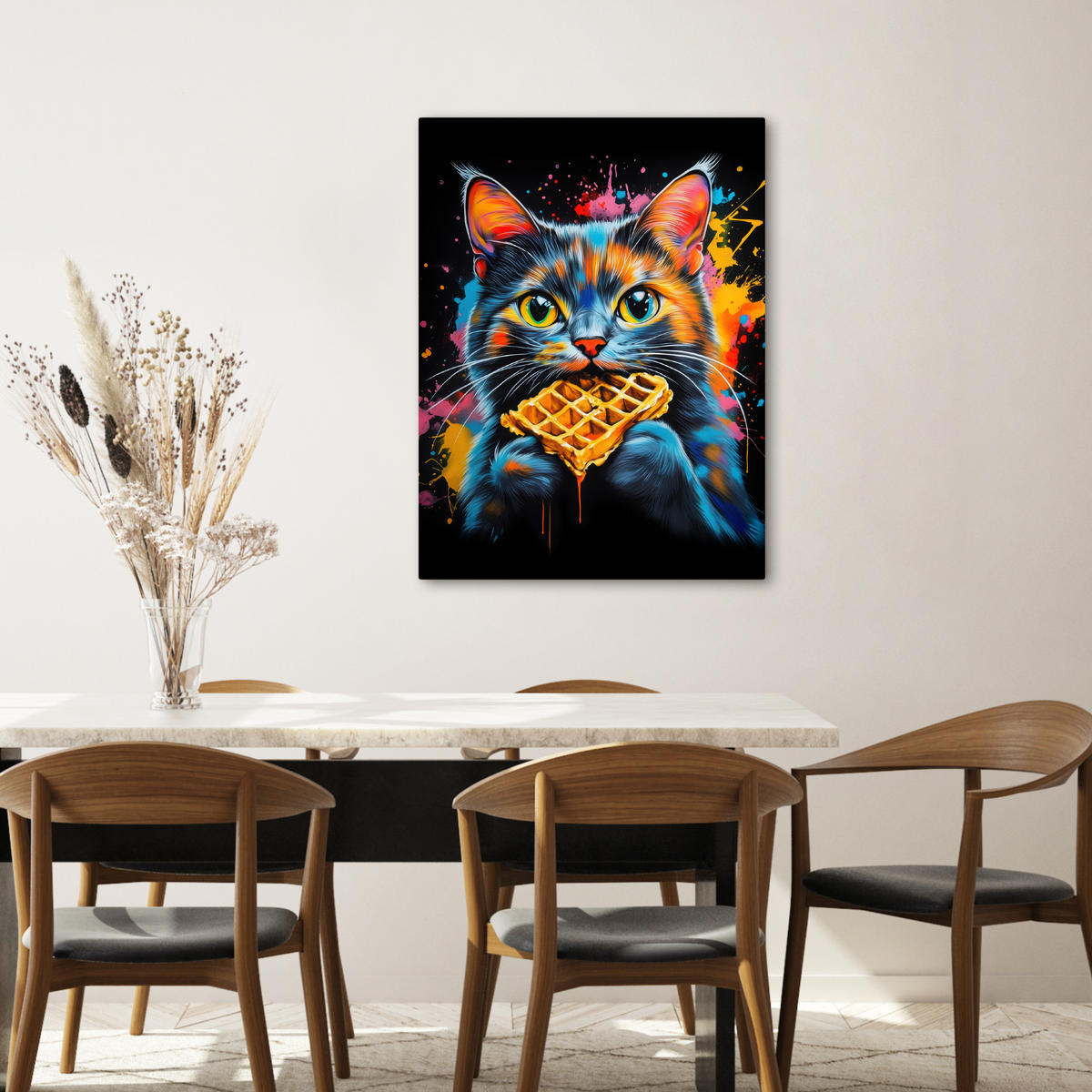 LEINWANDBILD Katze - Graffiti - Bunt - Waffel - Essen 60x80 cm - Türkis, Textil (60/80cm) - MuchoWow