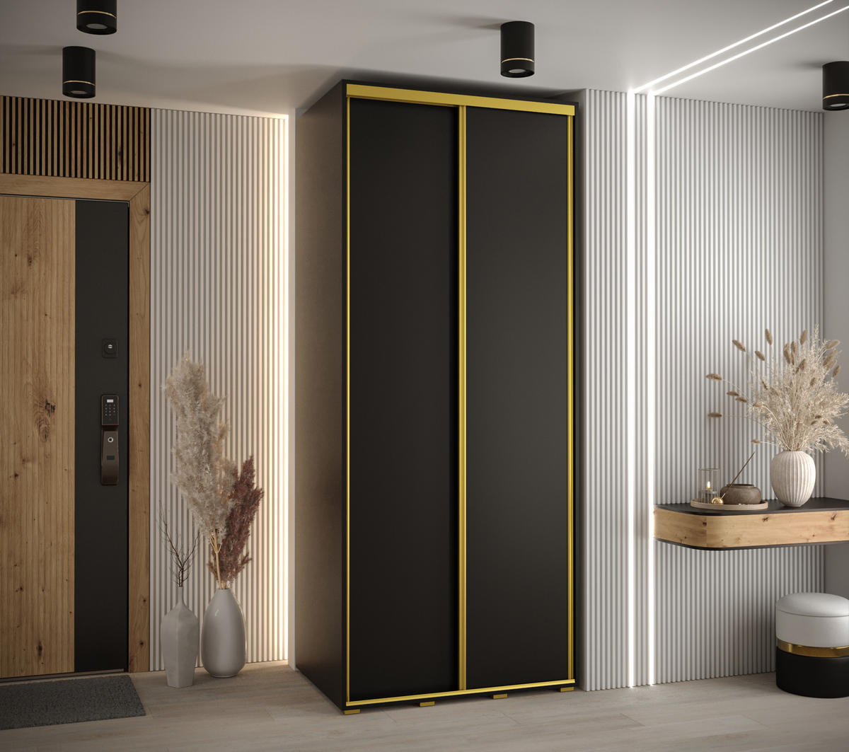 SCHWEBETÜRENSCHRANK 235,2/120/60 2-türig - Goldfarben/Schwarz, Holz/Metall (120/235/60cm) - Abiks Möbel