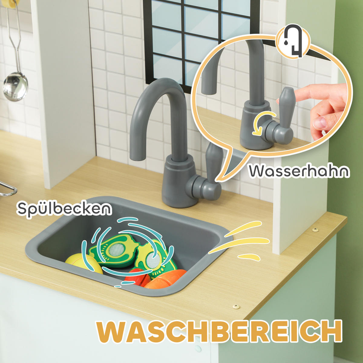 KINDERKÜCHE Spielküche mit Mikrowelle, Herd und Backofen, Küchenzubehör - Blau, Holzwerkstoff (72/33/85.2cm) - AIYAPLAY