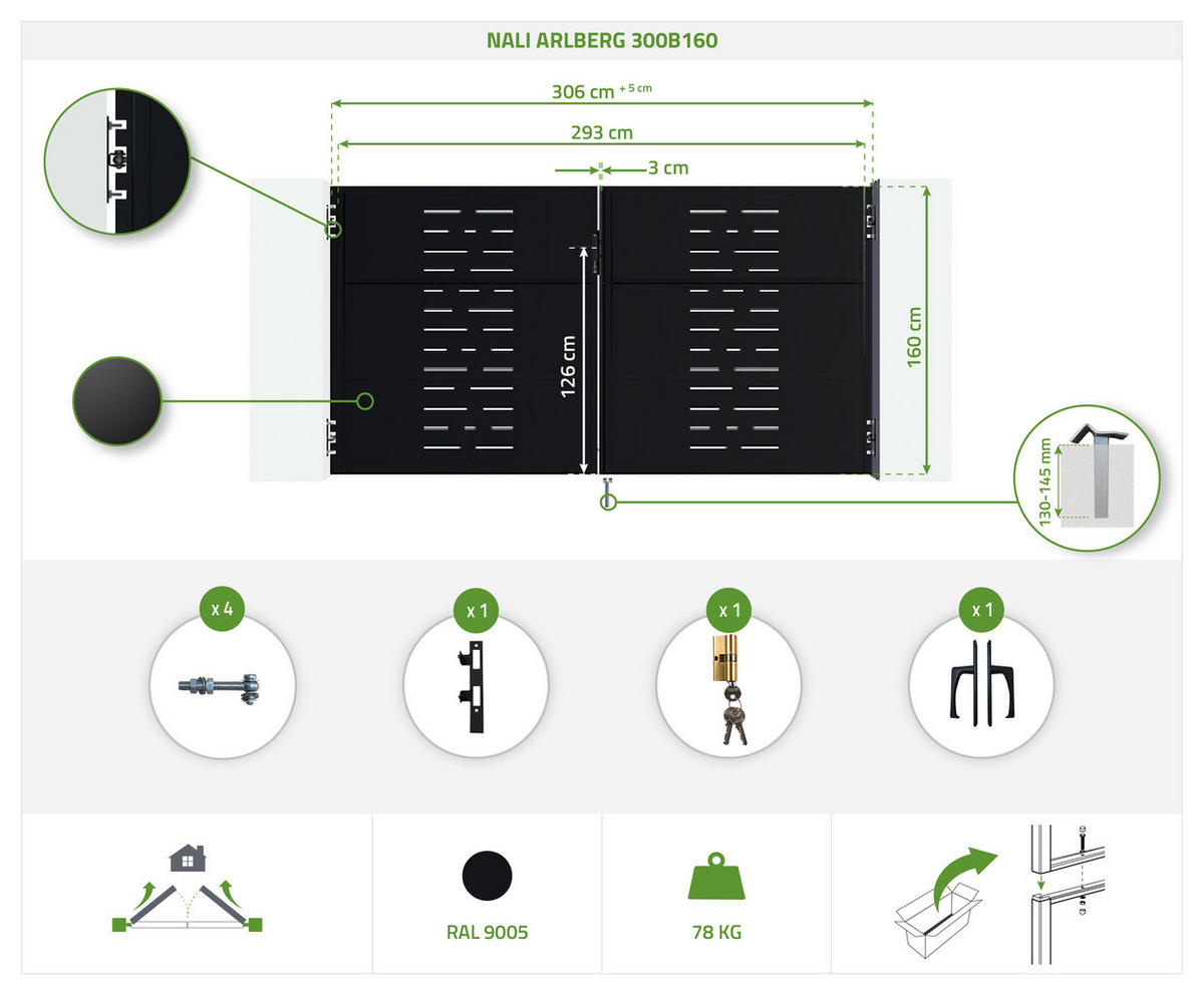 STAHLFLÜGELTOR Nali Arlberg Mattschwarz 3m H.160cm + 2 STAHLPFOSTEN Dario 8x8 H.230cm - Schwarz, Metall (293/160cm) - Casanoov