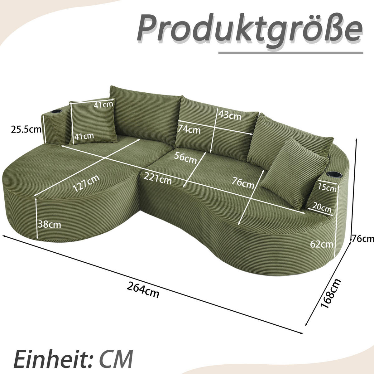 3-SITZER-SOFA mit Getränkehaltern, Kissen und bogenförmigem Design aus Kordstoff und Schaumstoff, Grün - Grün, Kunststoff (264/76/168cm) - Redom