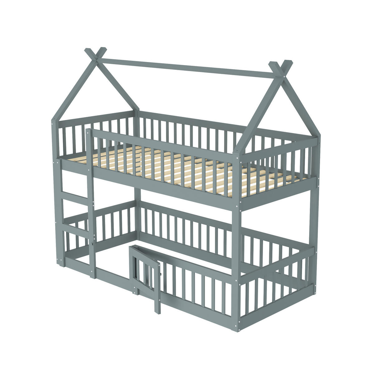 ETAGENBETT 90/200 cm grau mit Treppe und Hochsicherheitszaun - Grau, Holz (90/200cm) - OKWISH