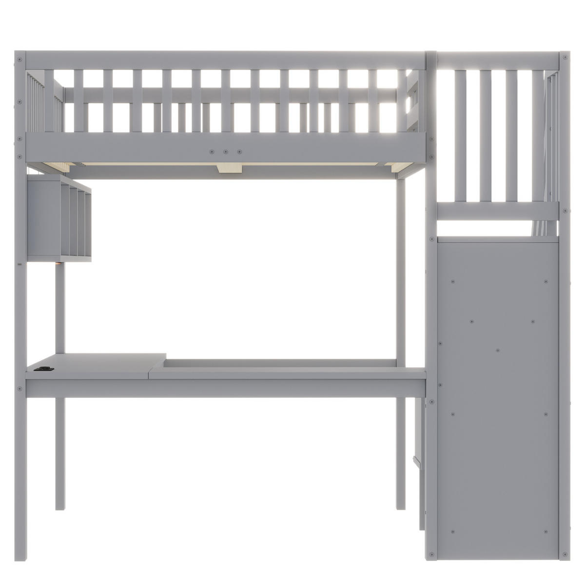 HOCHBETT Holz 140x200 cm Grau mit Schreibtisch, Aufbewahrungstreppe, LED und Steckdosen - Grau, Holz (140/200cm) - Modfu