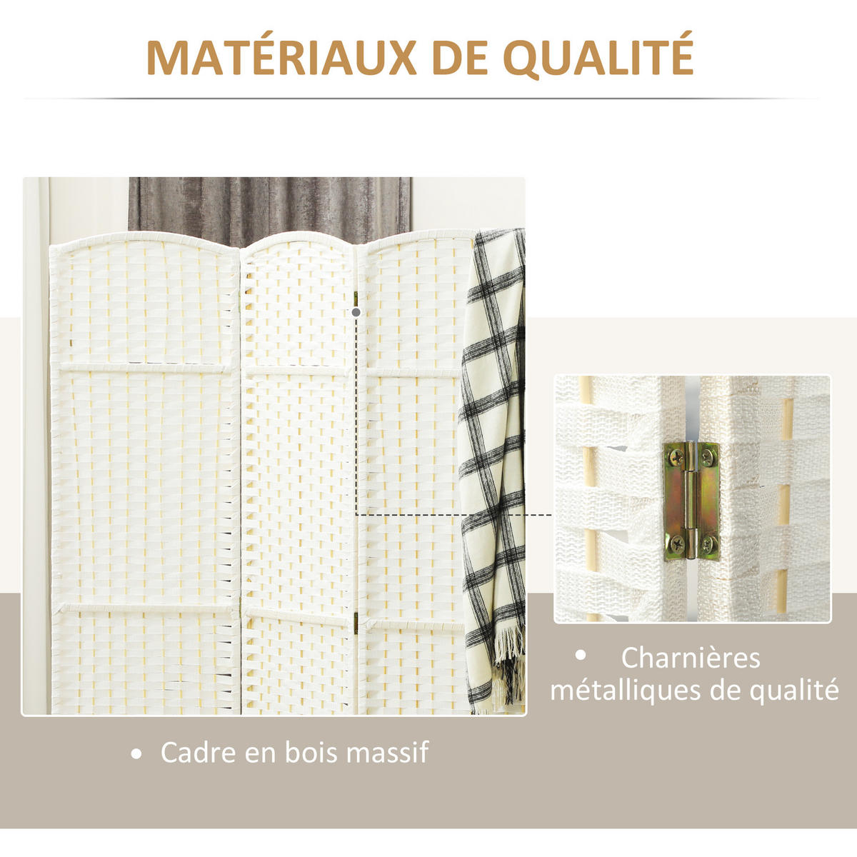 PARAVENT DE-14281 4 Paneele 160x170 cm klappbar Weiß - Weiß, Holz (160/170/1.6cm) - ComfortXL