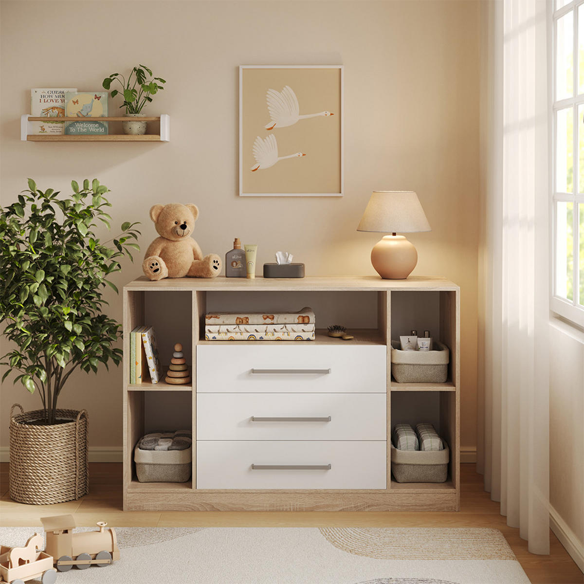 PREVIJALNA OMARA Olina, Sonoma/Bela, 138.3 x 93 cm - bela/hrast sonoma, leseni material (138.3/93/50cm) - Vicco