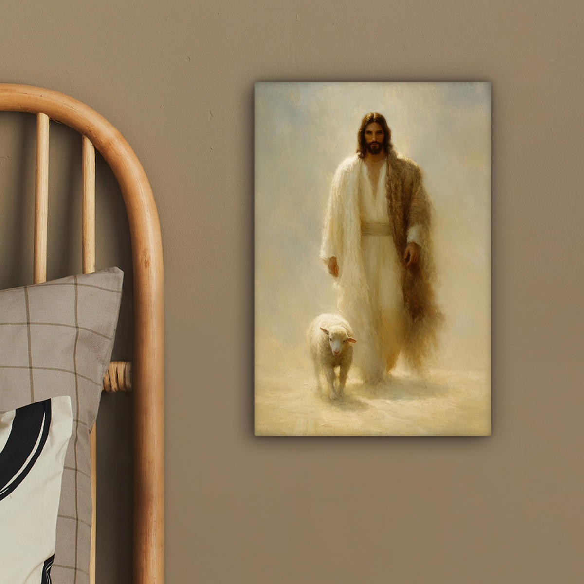 LEINWANDBILD Schaf - Jesus - Pinselstriche - Abstrakt Deko Wohnzimmer 20x30 cm - Sandfarben, Textil (20/30cm) - MuchoWow