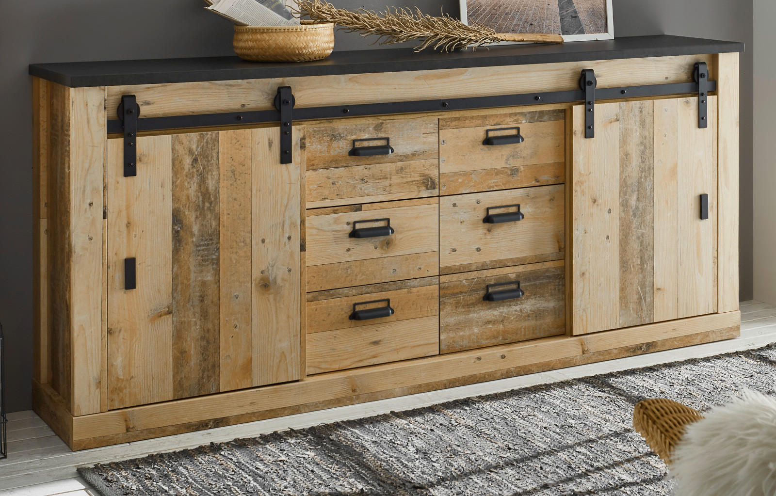 SIDEBOARD Used Wood hell, anthrazit 201 cm, Kommode mit Soft-Close - Anthrazit/Schwarz, Holzwerkstoff/Metall (201/91/43cm) - Furn.Design