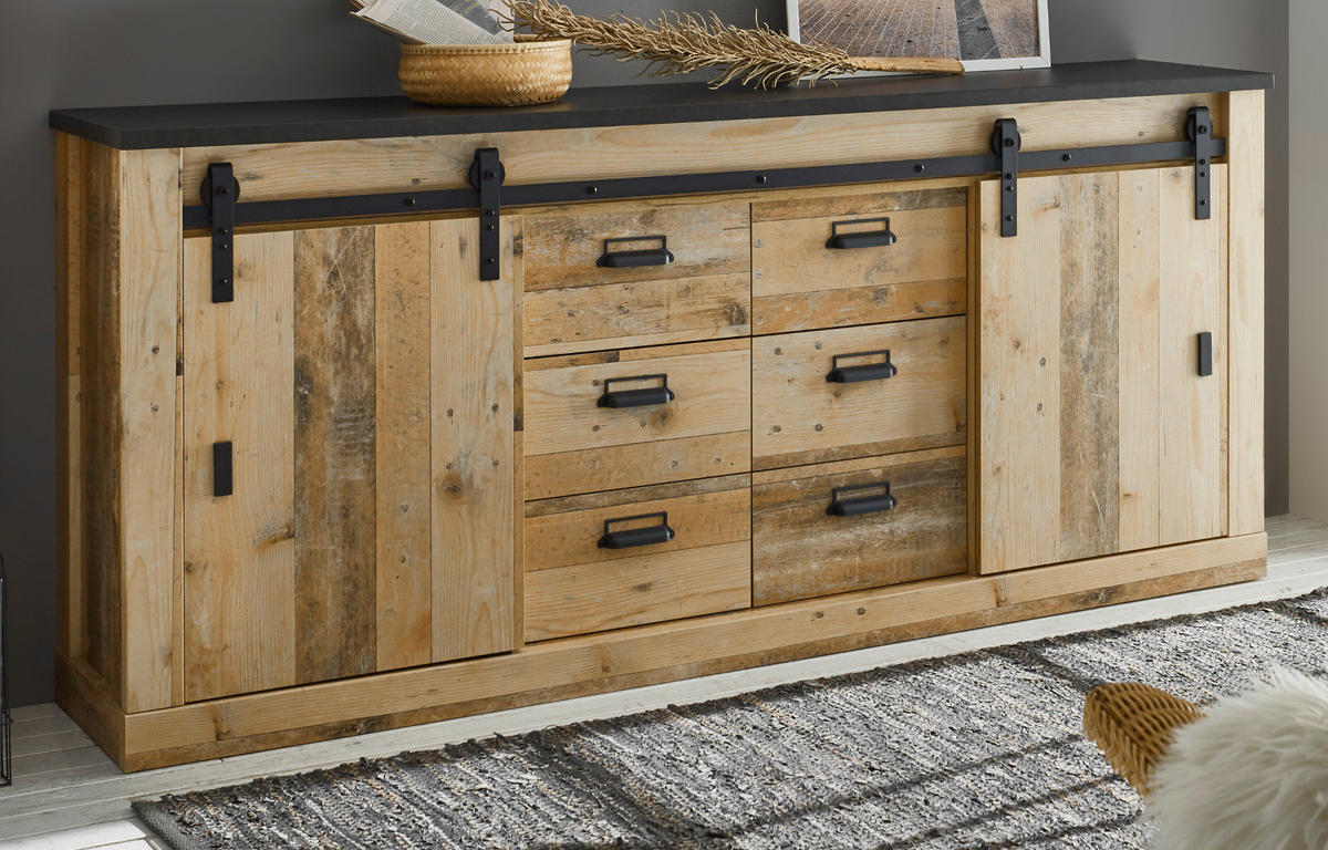 SIDEBOARD Used Wood hell, anthrazit 201 cm, Kommode mit Soft-Close - Anthrazit/Schwarz, Holzwerkstoff/Metall (201/91/43cm) - Furn.Design