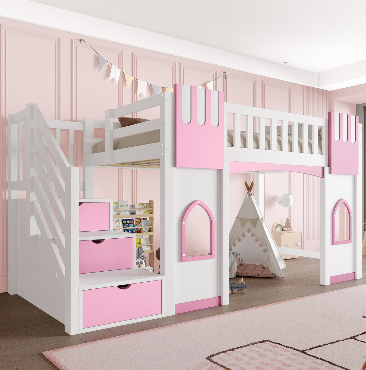 HOCHBETT 90/200 cm aus MDF, Kiefer und Sperrholz mit Stauraumtreppe und Fenstern Weiß/Rosa - Weiß, Holzwerkstoff (90/200cm) - Modenvie