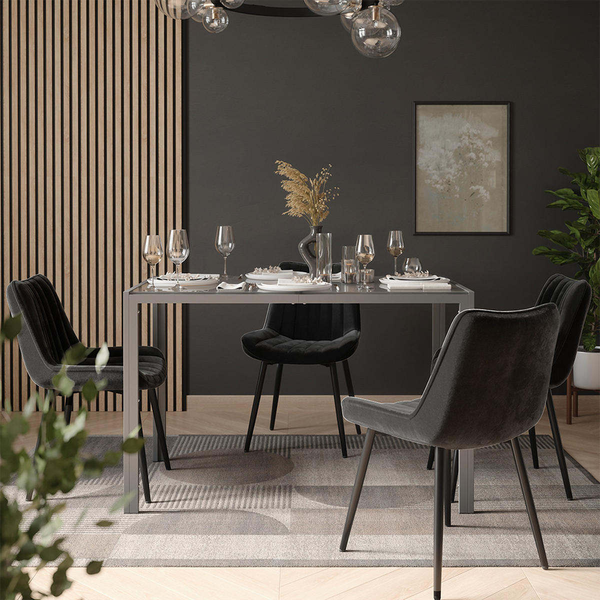 JÍDELNÍ STŮL SESTAVA Grand, Šedá, 120 x 70 cm se 4 židlemi (černé) - šedá, sklo (120/74.5/70cm) - Vicco