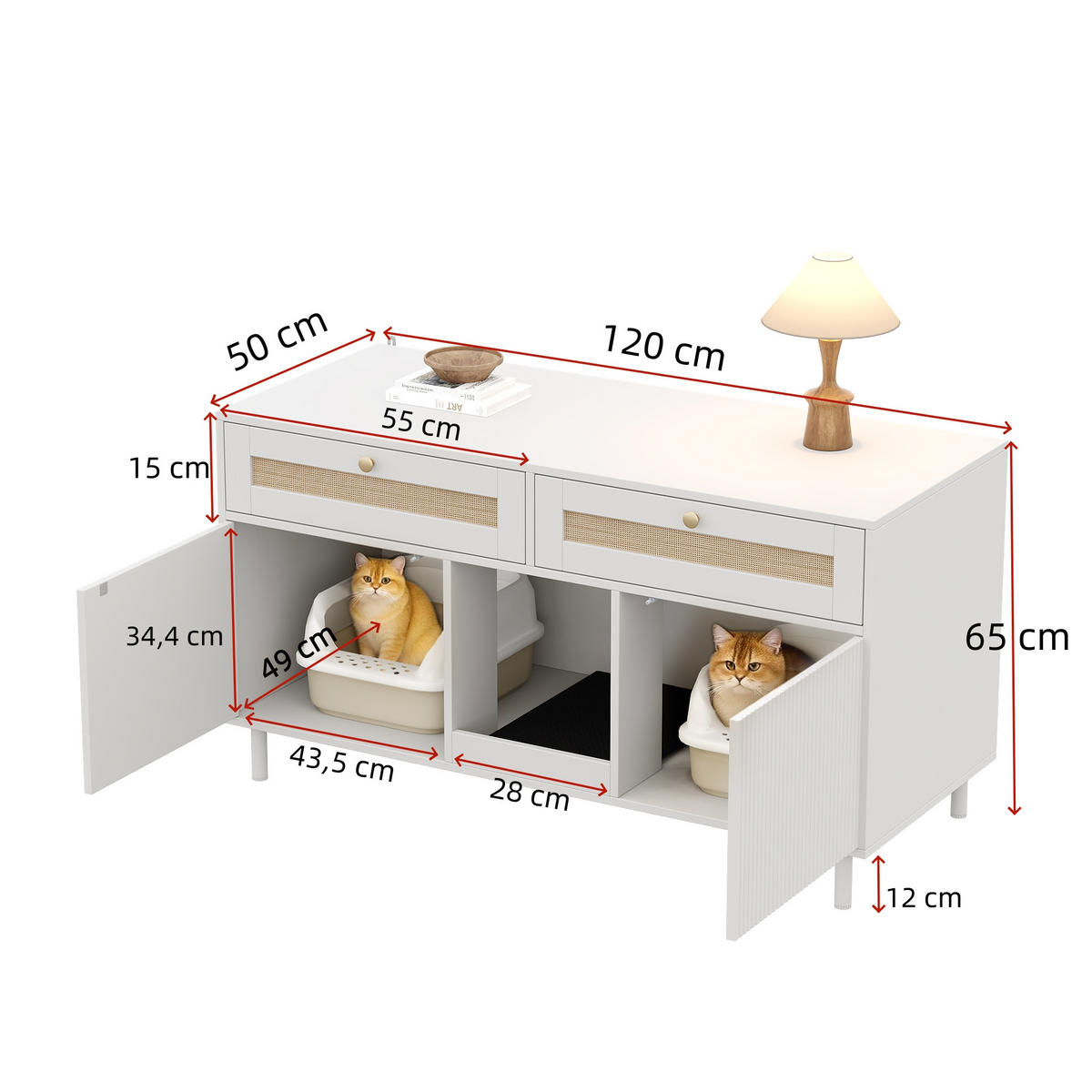 SIDEBOARD Weiß aus MDF 120×50×65cm als Katzentoilettenschrank mit Sandfangmatte und Schublade - Weiß, Holzwerkstoff (50/65/120cm) - Luhomfu