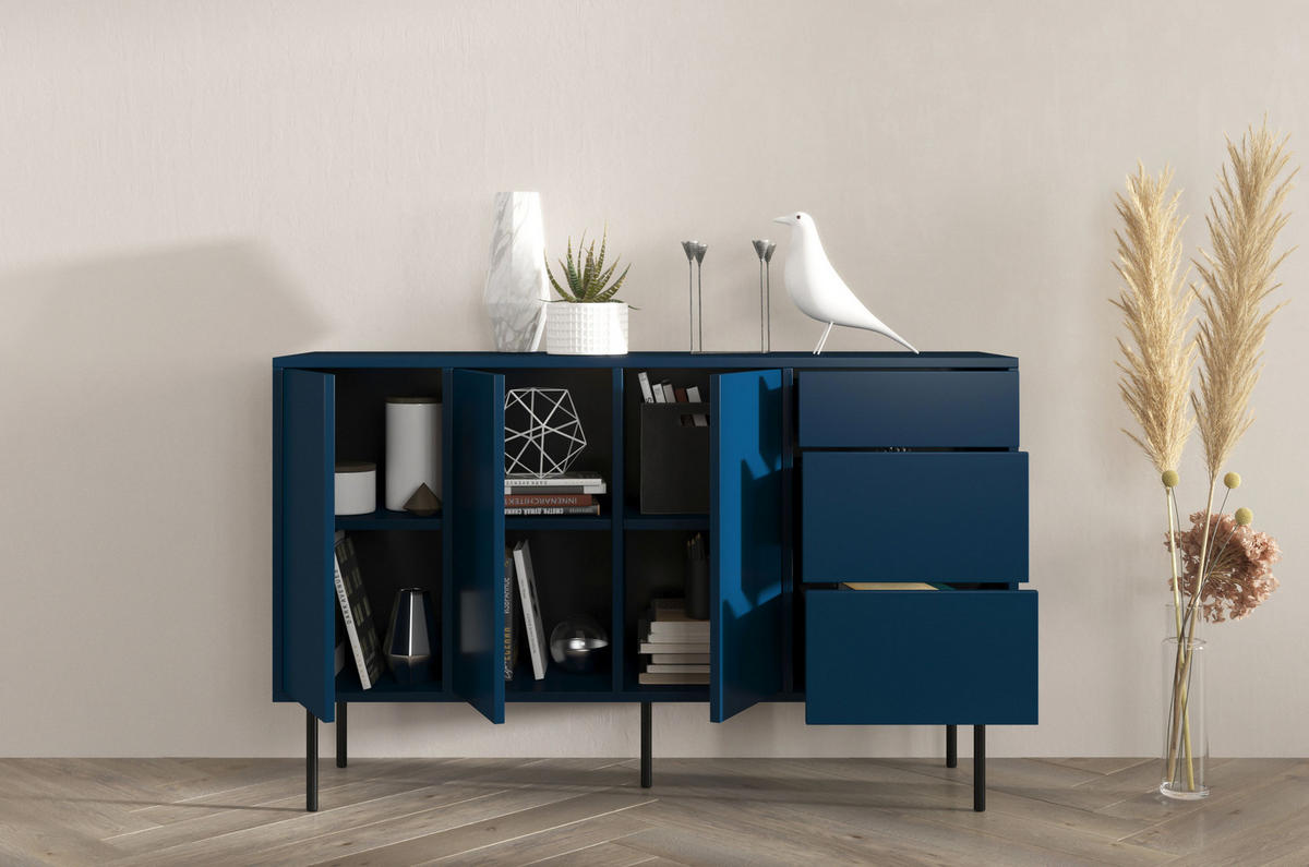 SIDEBOARD Mirka, Marinblau, Push to Open System, Minimalistisch - Schwarz/Dunkelblau, Holzwerkstoff/Metall (130/80/40cm) - Dancan