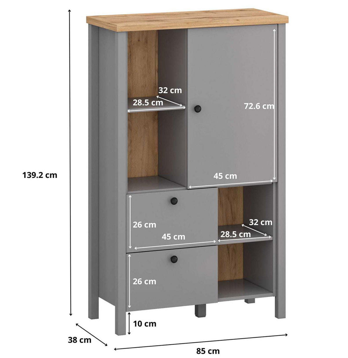 HIGHBOARD Melini schiefergrau / Eiche Delano hell 85 / 38 / 139 cm - Eichefarben/Grau, Holz/Holzwerkstoff (85/139/38cm) - Feldmann-Wohnen