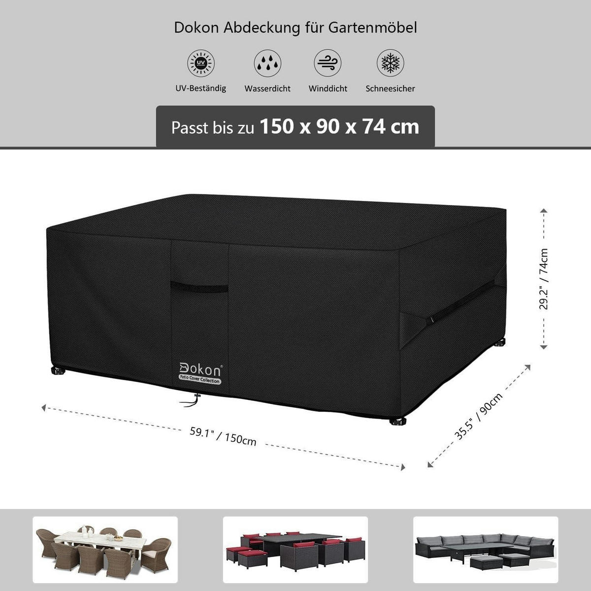 ABDECKUNG für Gartenmöbel 150 x 90 x 74 cm Wasserdicht Robust - Schwarz, Textil (90/74/150cm)