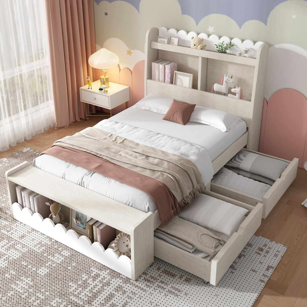 POLSTERBETT 90/200 cm Weiß und Eichefarben aus Massivholz und MDF mit Stauraum - Weiß, Holzwerkstoff (90/200cm) - OKMYHOME