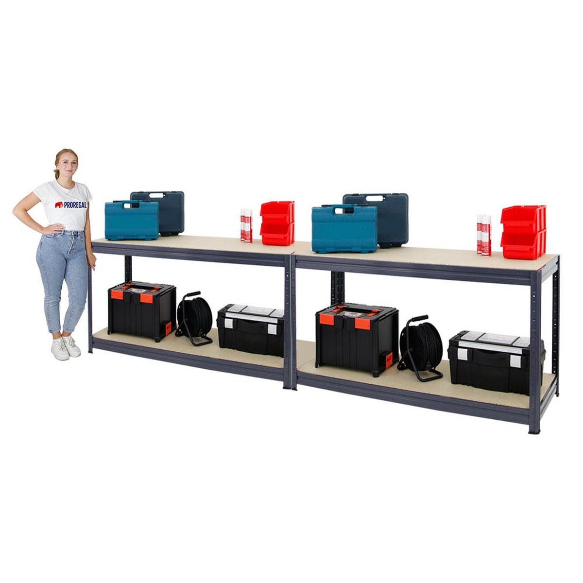 WERKBANK Dino 2er-Set höhenverstellbar 90x160x60cm Traglast 600kg Grau - Grau, Metall (320/90/60cm) - PROREGAL
