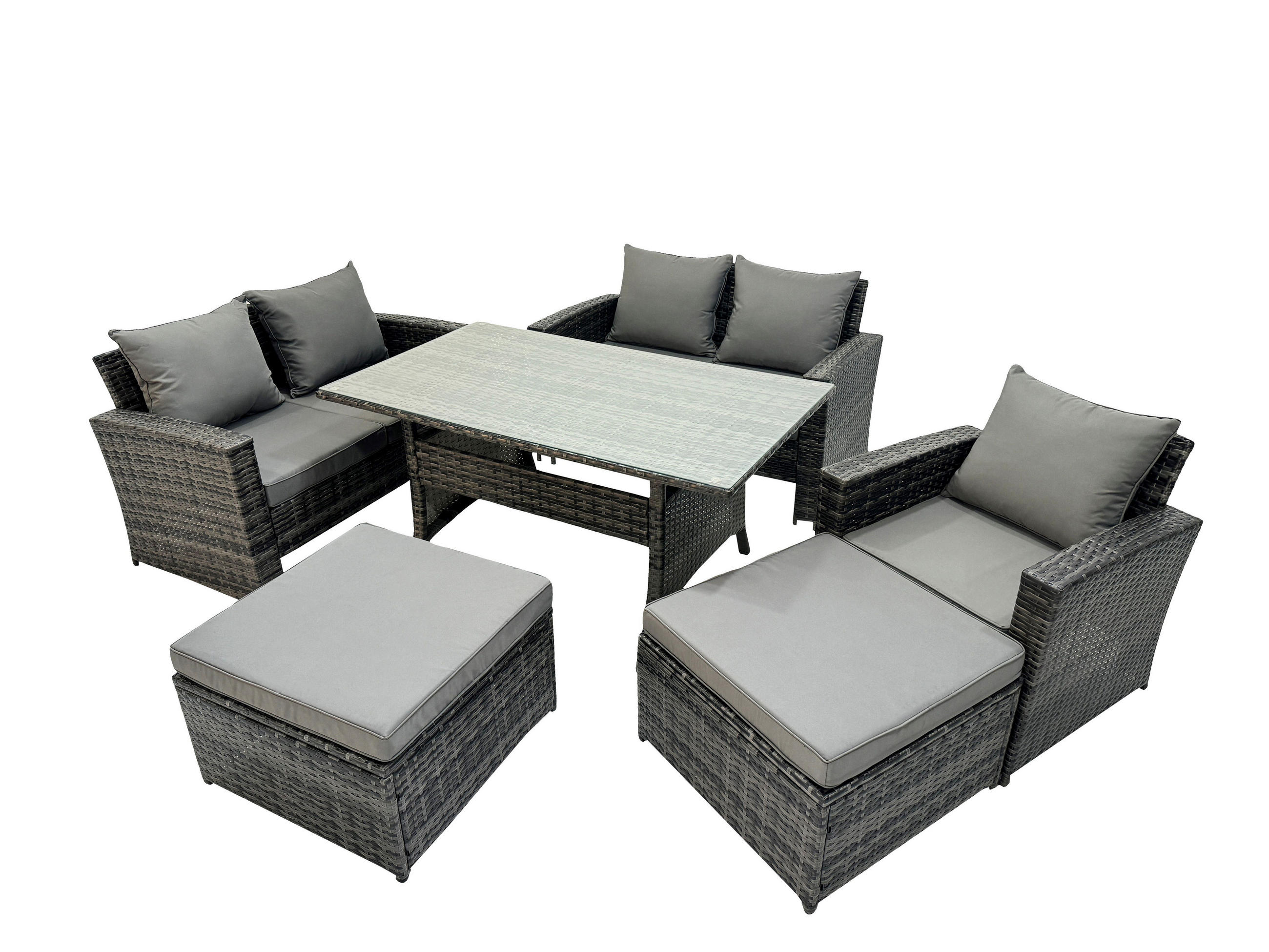 BALKONMÖBEL-SETS mit 2-Sitzer Sofa,2 große Fußhocker,Esstisch Polyrattan Dunkelgrau 7-Sitzer - Dunkelgrau/Grau, Glas/Kunststoff - Fimous