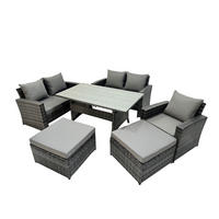 BALKONMÖBEL-SETS mit 2-Sitzer Sofa,2 große Fußhocker,Esstisch Polyrattan Dunkelgrau 7-Sitzer - Dunkelgrau/Grau, Glas/Kunststoff - Fimous
