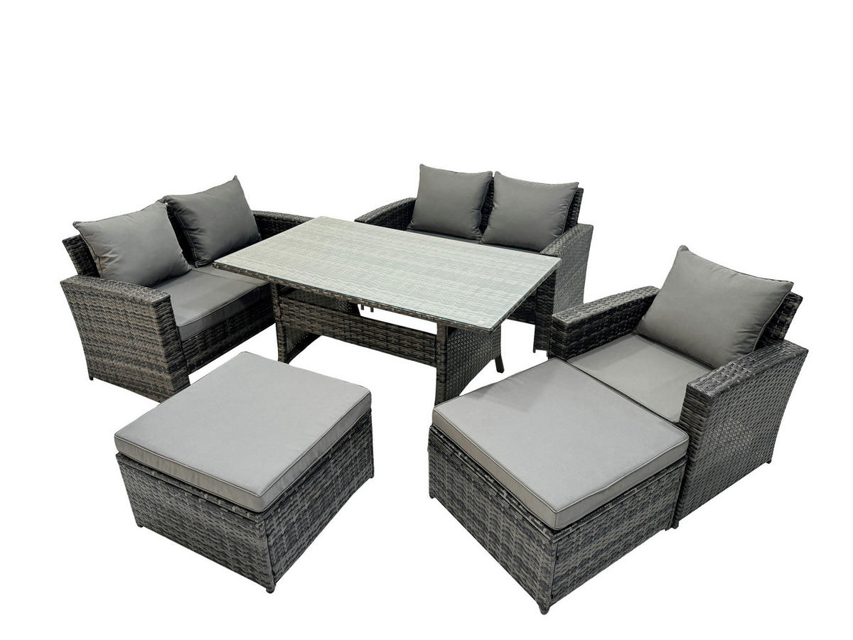 BALKONMÖBEL-SETS mit 2-Sitzer Sofa,2 große Fußhocker,Esstisch Polyrattan Dunkelgrau 7-Sitzer - Dunkelgrau/Grau, Glas/Kunststoff - Fimous