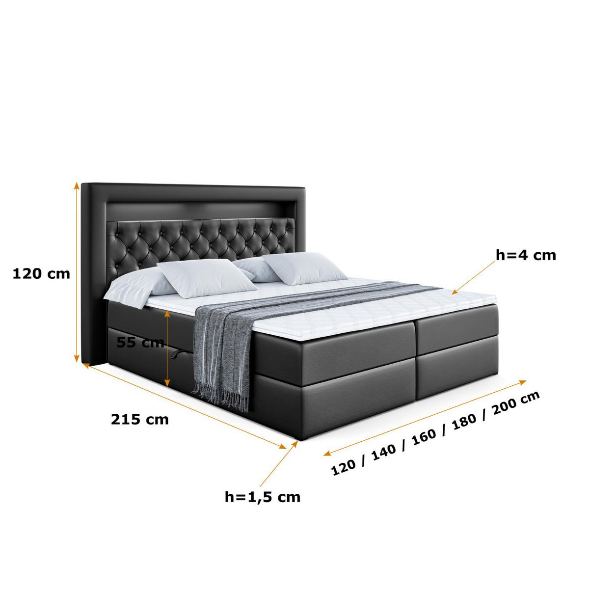 BOXBETT LED mit H4-Matratze und Lattenrost - NOEL GOLD - 140x200 Schwarz Hochglanz - Schwarz Hochglanz, Holzwerkstoff (140/200cm) - ALTDECOR