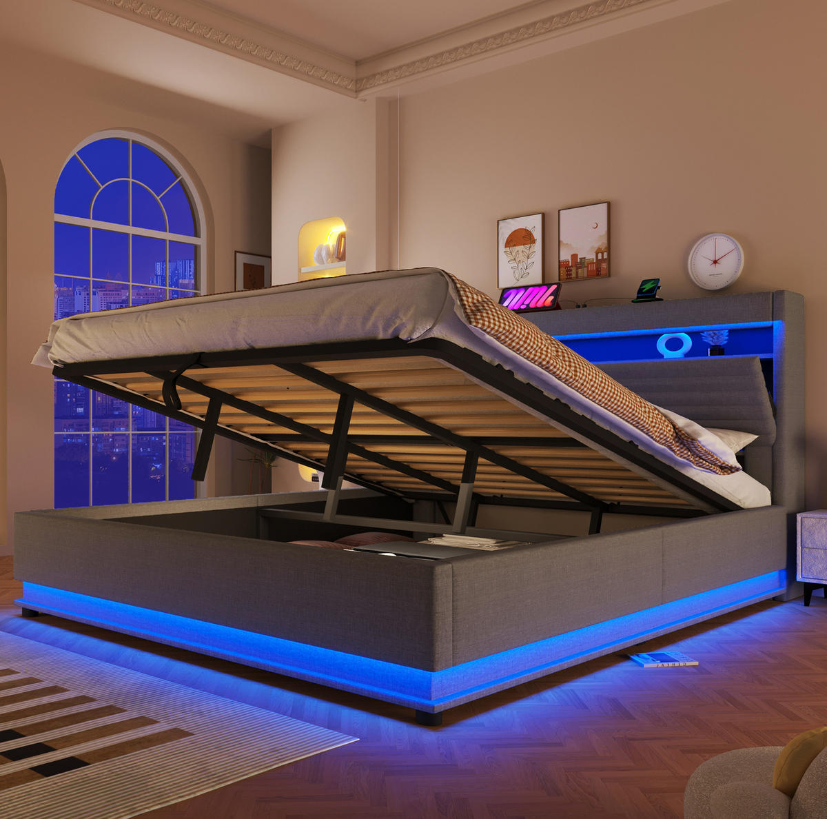 POLSTERBETT mit Stauraum 180x200 cm Leinen Grau mit LED und USB - Grau, Metall (180/200cm) - Meubliv