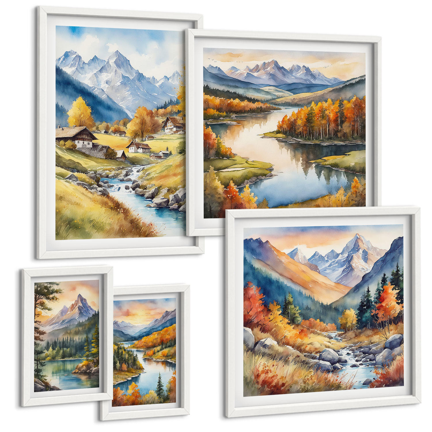 BILDER SET 5er Set - 50x50 cm & 20x30 cm & 40x60 cm Weißer Rahmen - Nachthimmel, Berge, Winter, Weltraum - Weiß, Kunststoff (40/60cm) - TULUP