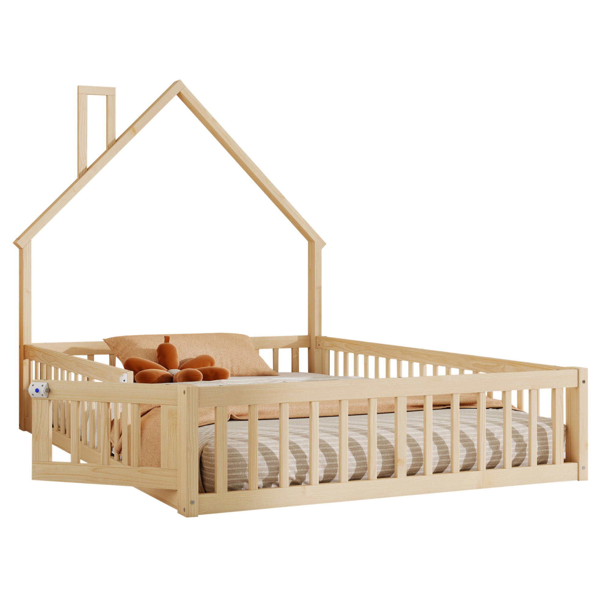 HAUSBETT 140/190 cm aus Kiefernholz – mit Schornsteinform und Sicherheitsgitter - Naturfarben, Holzwerkstoff (140/190cm) - BEAOK