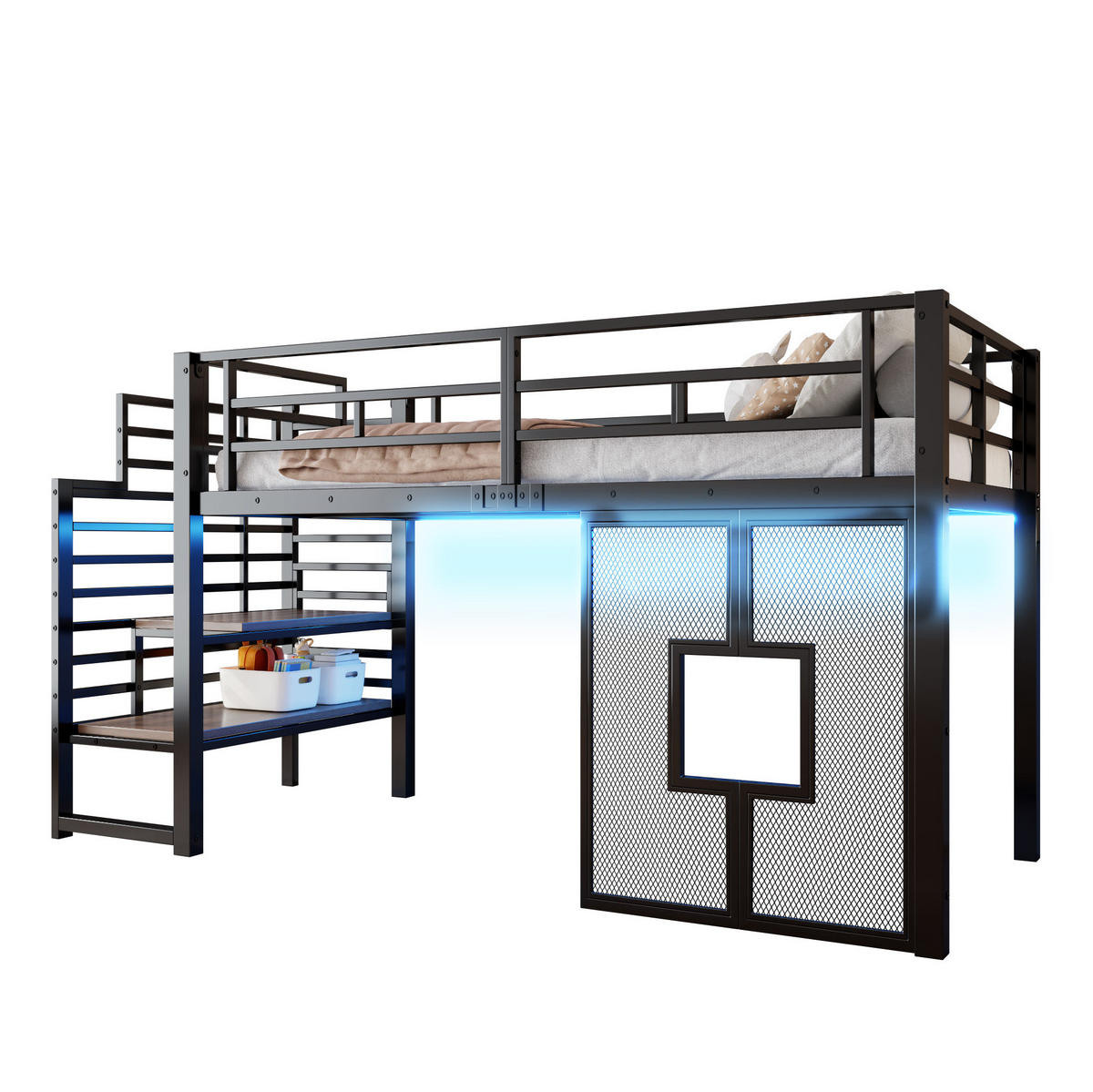 HOCHBETT 90/200 cm mit Stauraumtreppe, LED-Beleuchtung und Fenstern, Schwarz - Schwarz, Metall (90/200cm) - Redom