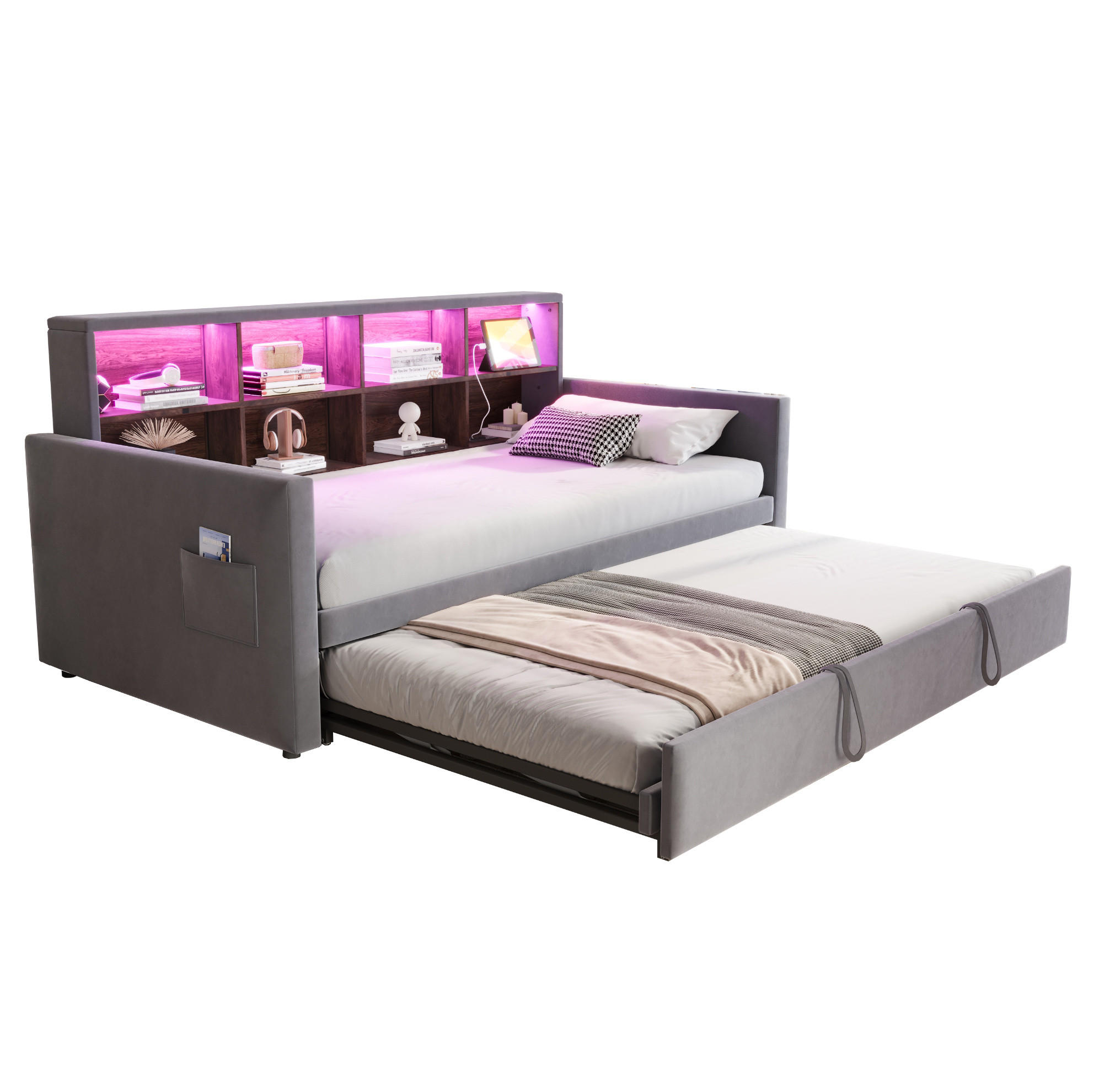 POLSTERBETT 90/190 cm aus Samt mit Ausziehbett, LED-Kopfteil und Steckdosen Dunkelgrau - Dunkelgrau, Textil (90/190cm) - Modenvie