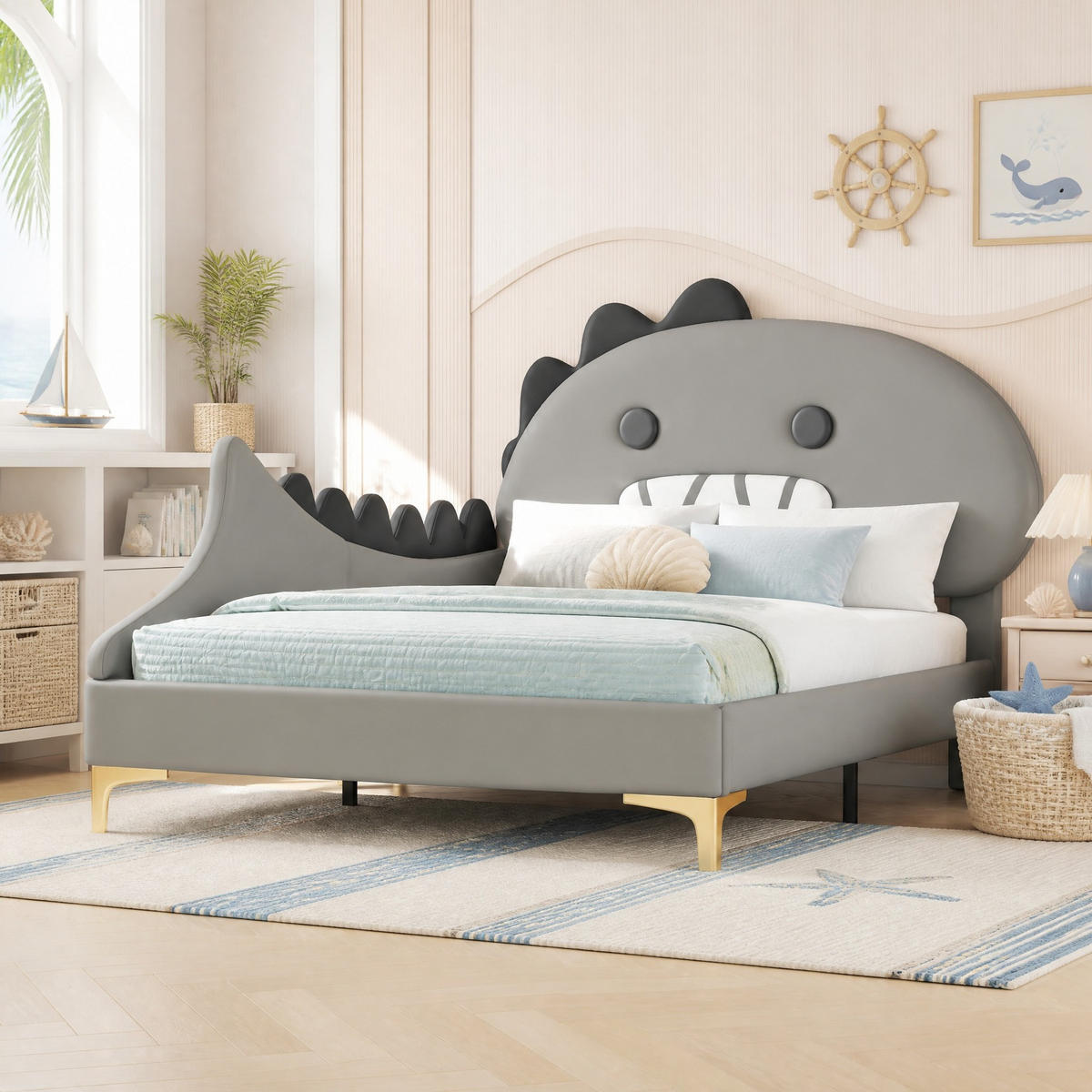 KINDERBETT 90/200 mit Dinosaurier-Design aus PU und MDF in Grau - Grau, Holzwerkstoff/Textil (90/200cm) - EVRYAE