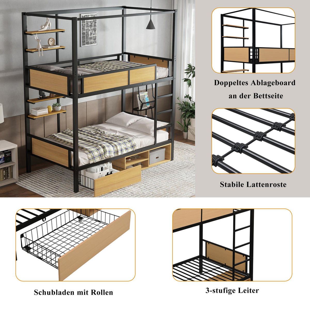 ETAGENBETT 90/200 cm aus Metall und MDF mit Stauraum & Ablagen - Schwarz, Holzwerkstoff (90/200cm) - Flora Grace