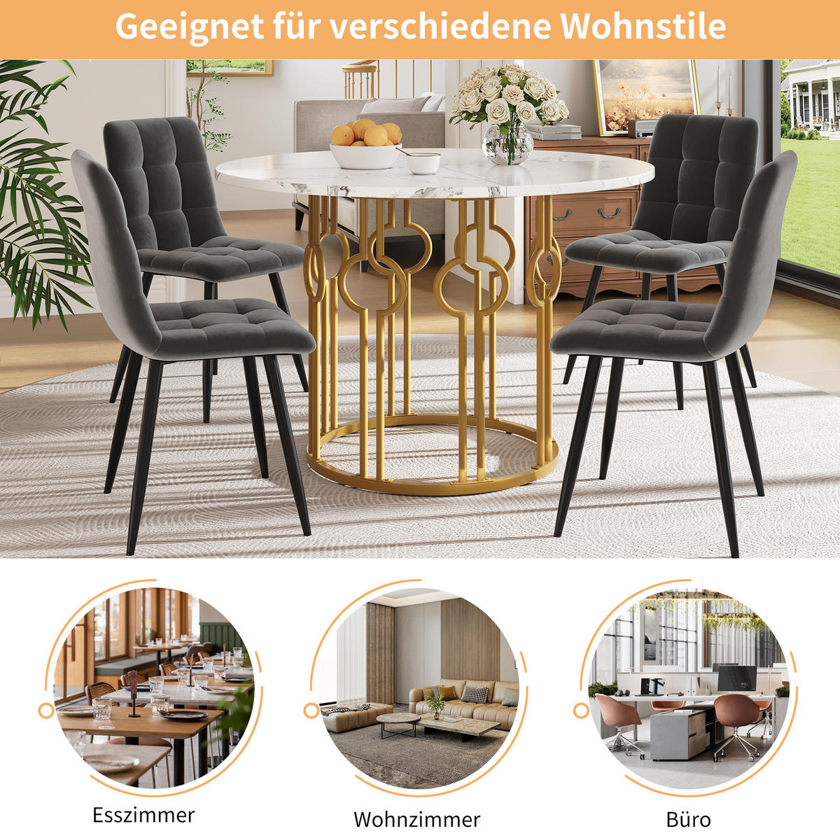 ESSTISCH 100/100/76 cm mit verstellbaren Füßen und marmorierter MDF-Tischplatte, Weiß/Goldfarben - Goldfarben, Holzwerkstoff (100/100/76cm) - Redom