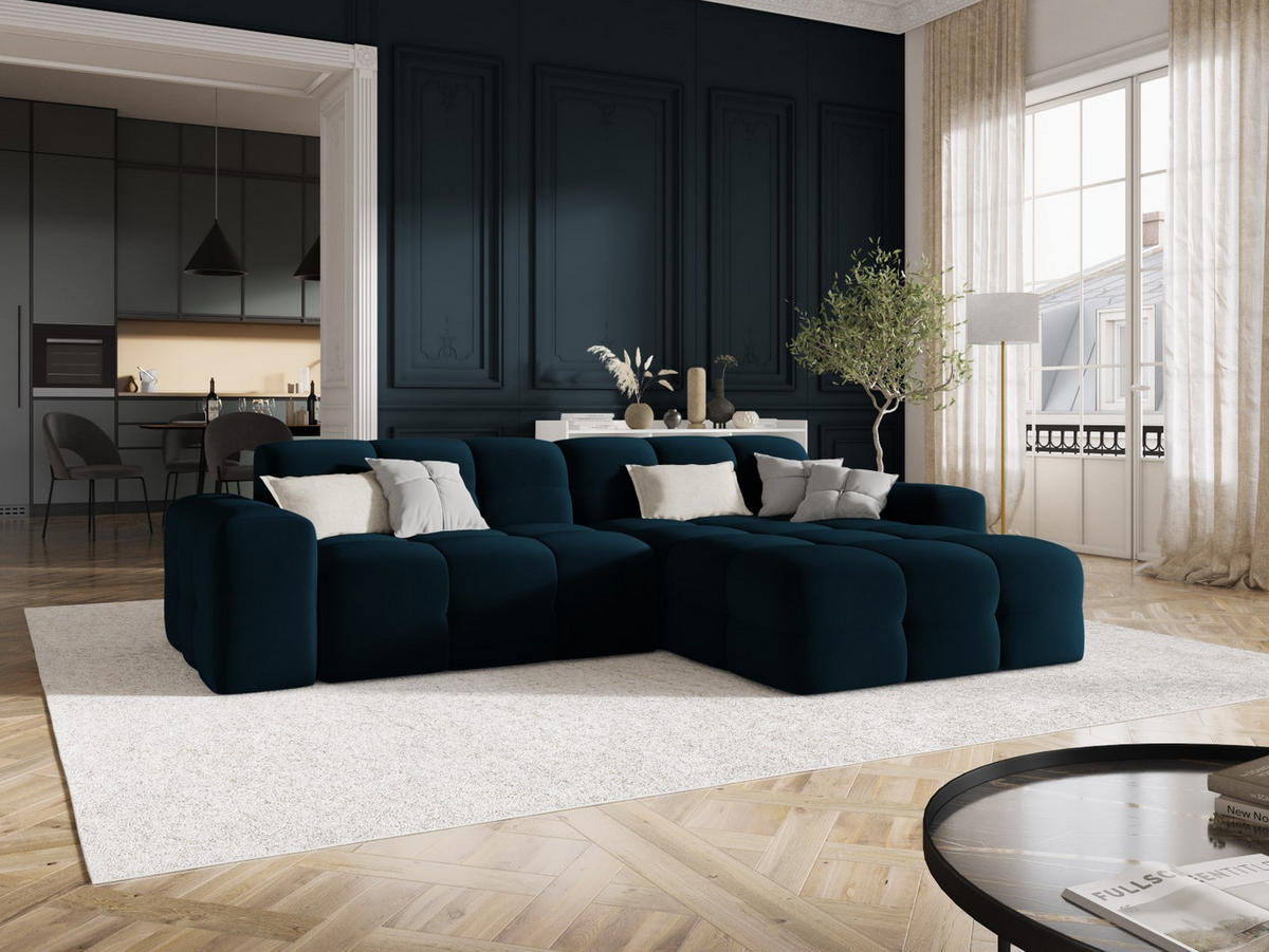 ECKSOFA rechts Kendal aus Samt marineblau 4 Sitzplätze - Blau, Textil (173/256cm) - Micadoni