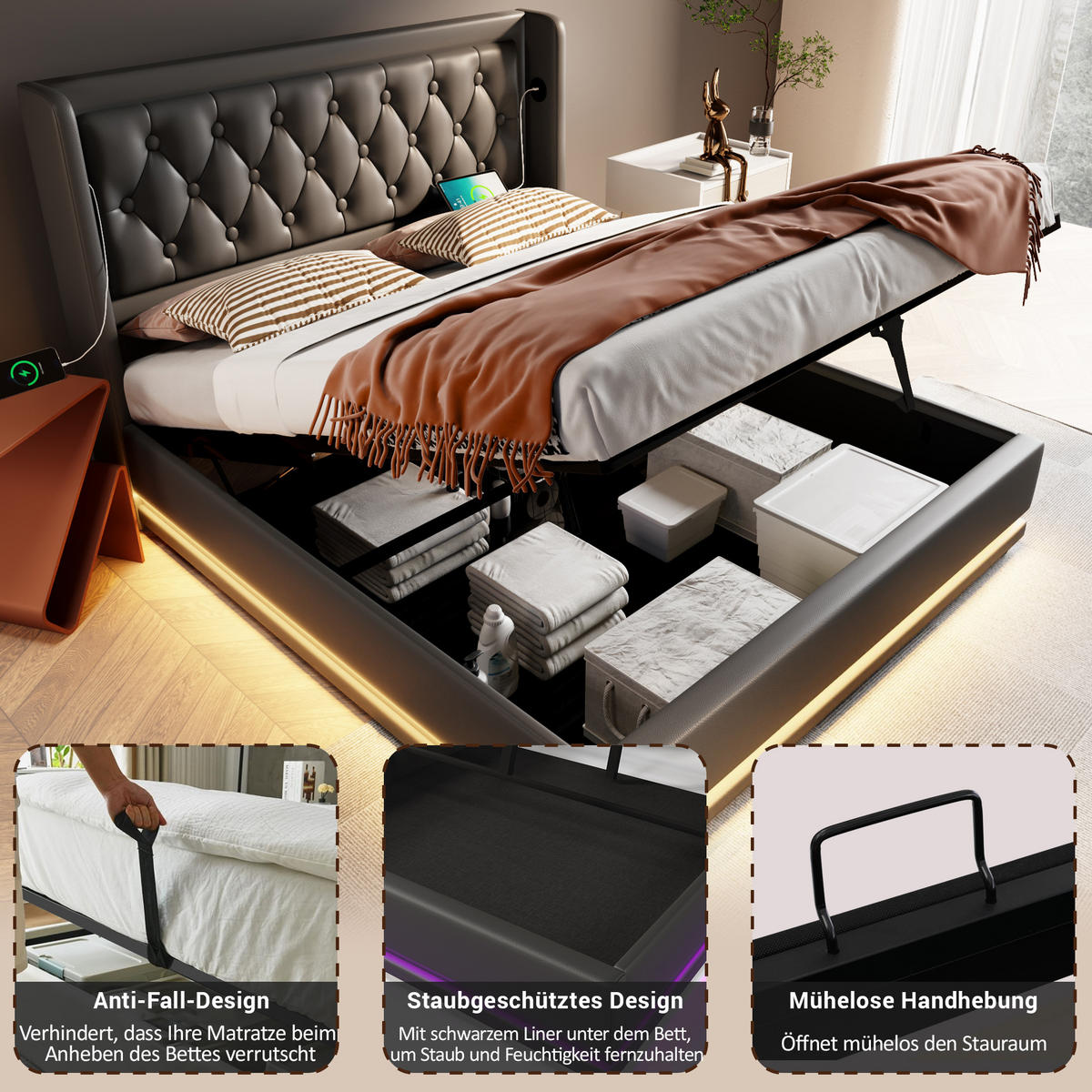 POLSTERBETT 180/200 cm Schwarz mit Stauraum mit LED-Beleuchtung und USB- und Type-C-Anschlüssen - Schwarz, Kunststoff (180/200cm) - OKWISH