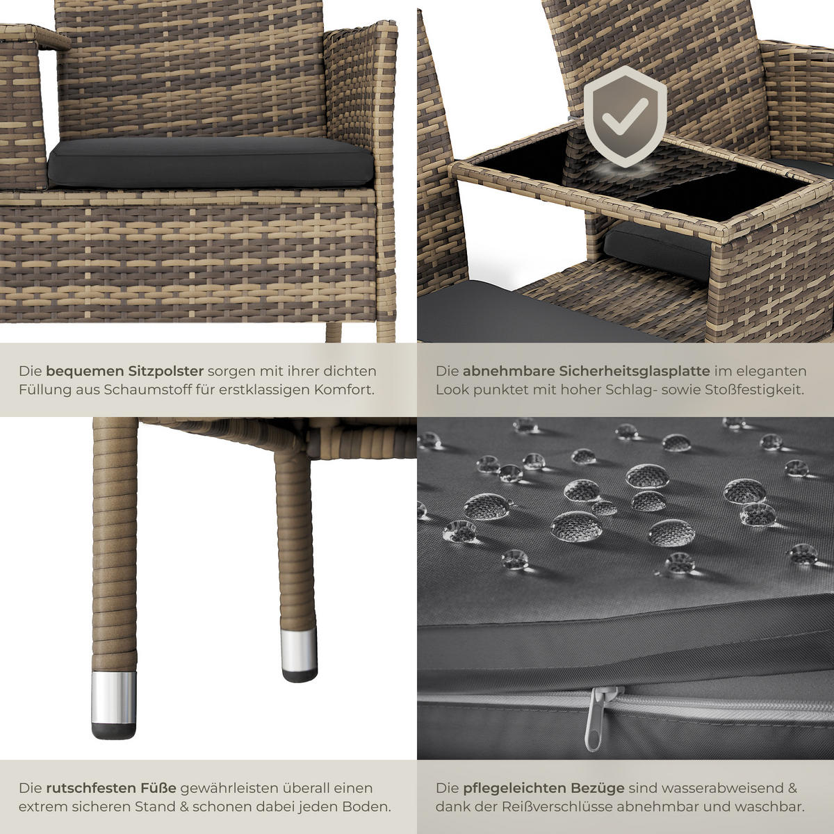 RATTAN GARTENSITZBANK Narbonne,131 x 59 x 82 cm,natur/dunkelgrau - Naturfarben, Kunststoff (61/82/131cm) - tectake