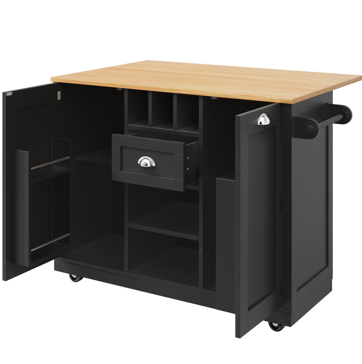 KÜCHENINSEL mit Rollen und Klappseiten 140 x 70 cm Schwarz - Schwarz, Holz (40/93.5/140cm) - Beauniv