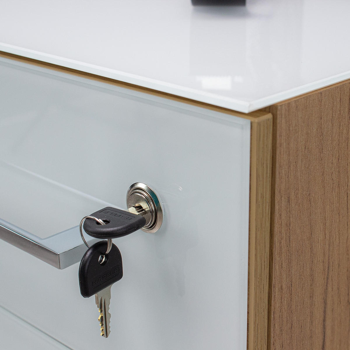 SCHREIBTISCH-SET MUENCHEN 160x80 cm | Glasplatte & Container | Chalet-Eiche-Nb./Weiß - Weiß, Glas/Metall (80/160/75cm) - KADIMA DESIGN