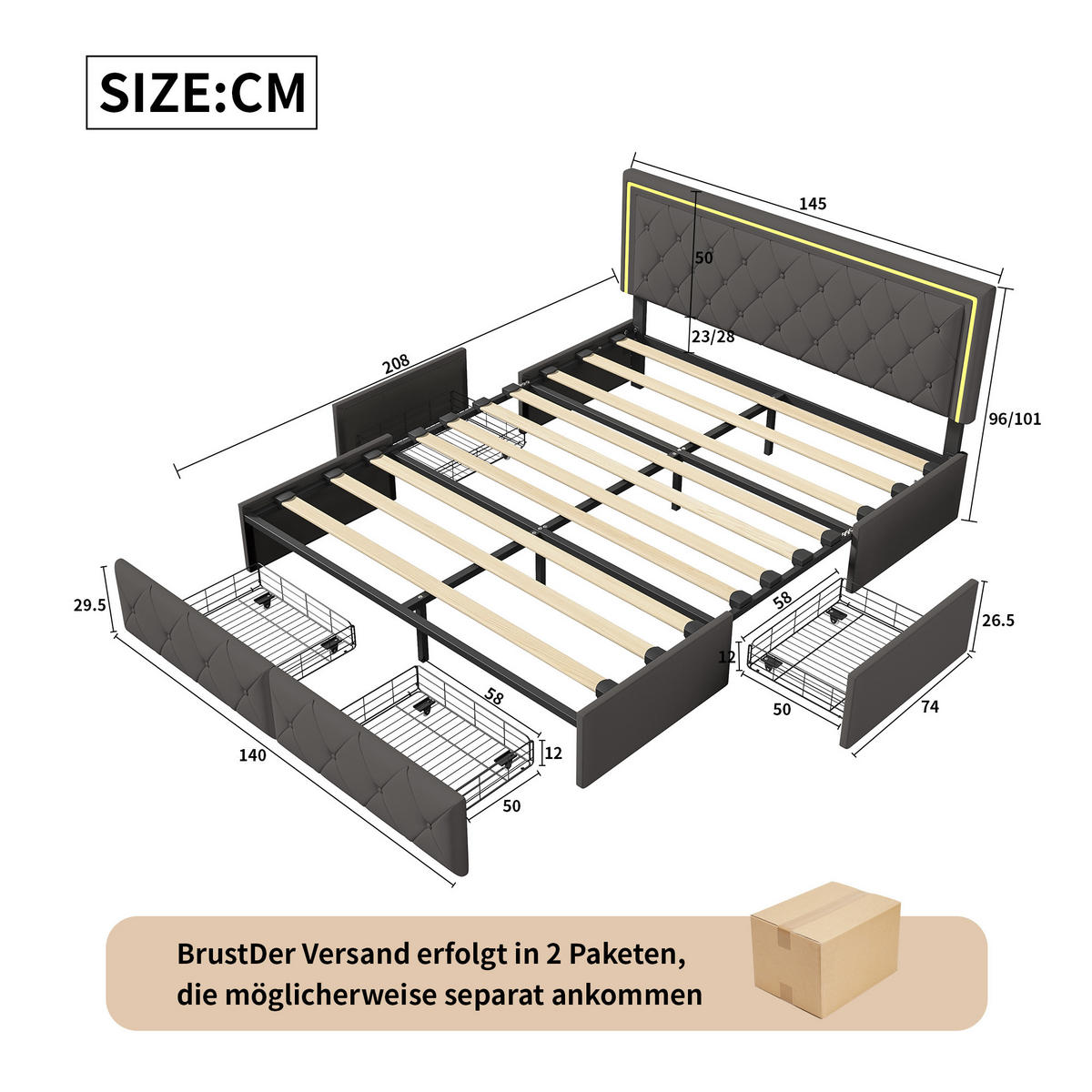 POLSTERBETT 140x200 cm LED 4 Schubladen PU Leder grau - Grau, Holz (140/200cm) - LEBENLANG