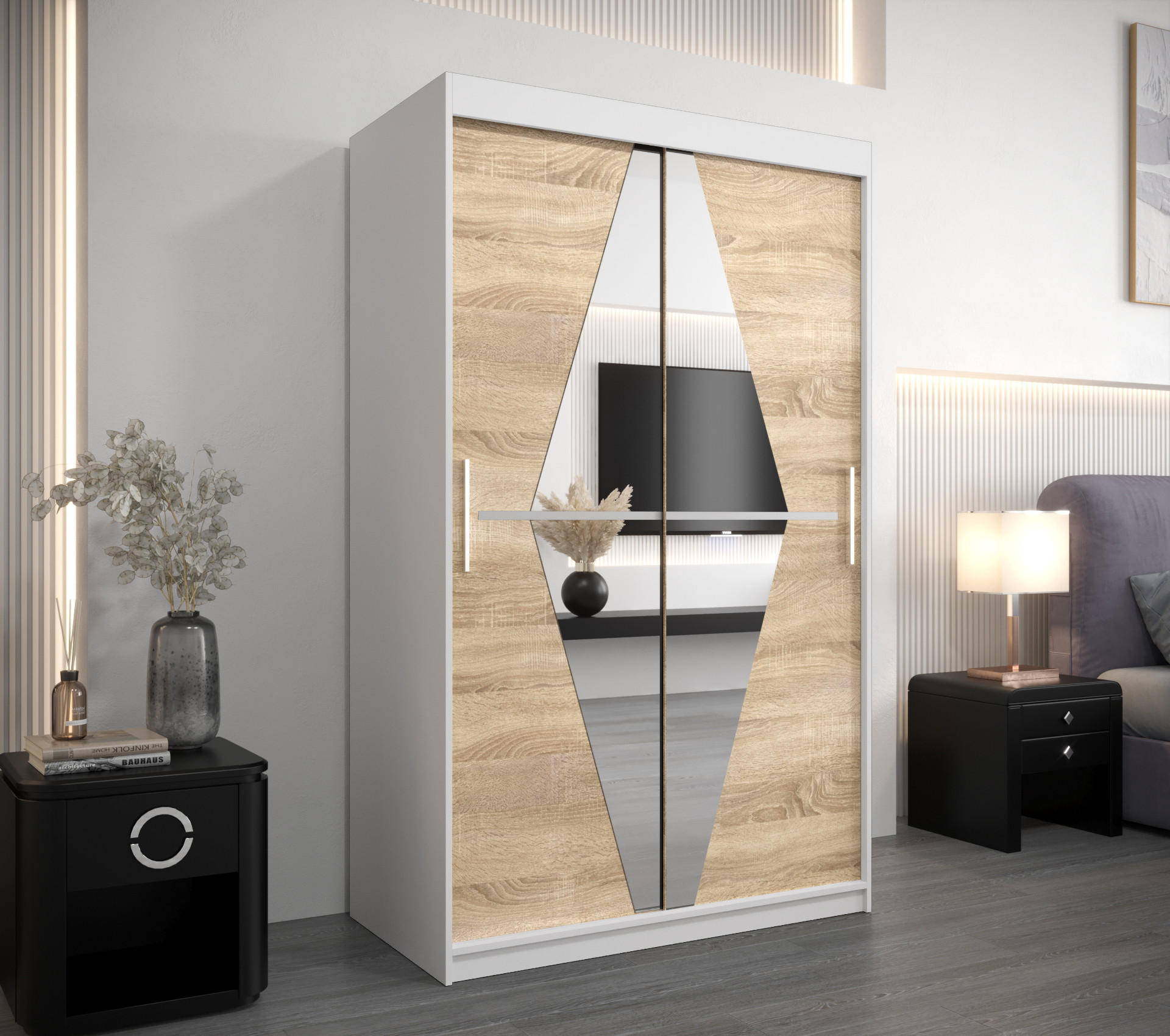 SCHWEBETÜRENSCHRANK 200/120/62 2-türig - Silberfarben/Weiß, Holz/Kunststoff (120/200/62cm) - Abiks Möbel