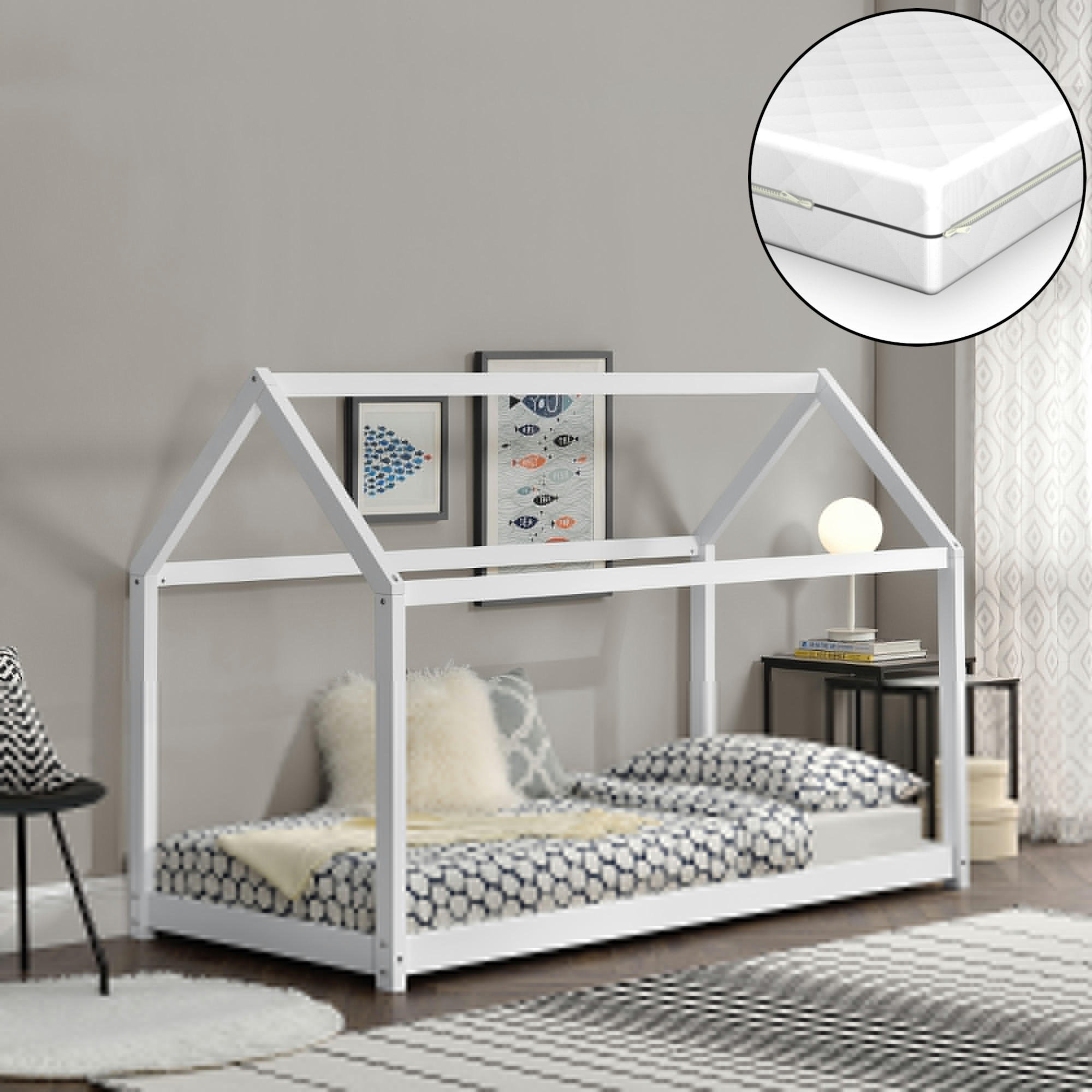 HAUSBETT Netstal mit Matratze - Weiß, Holz/Textil (80/160cm) - [en.casa]